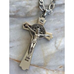 Silver Tone St Benedict Crucifix Pendant Necklace Figaro Link Chain Religious